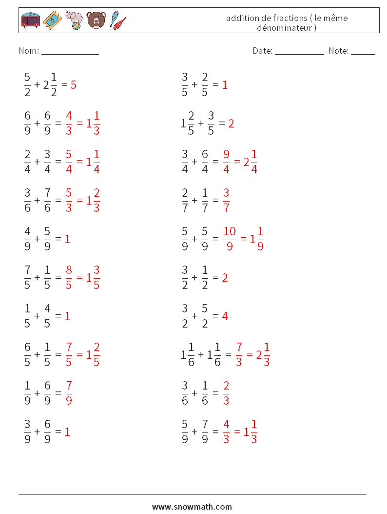 (20) addition de fractions ( le même dénominateur ) Fiches d'Exercices de Mathématiques 12 Question, Réponse
