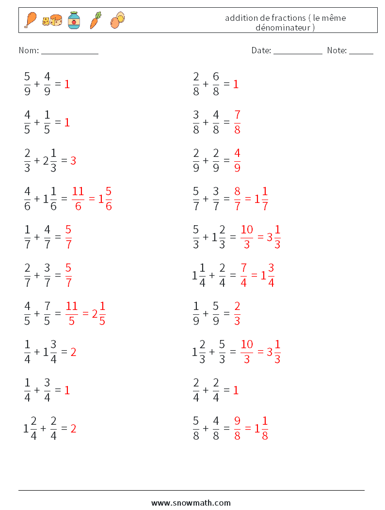 (20) addition de fractions ( le même dénominateur ) Fiches d'Exercices de Mathématiques 13 Question, Réponse