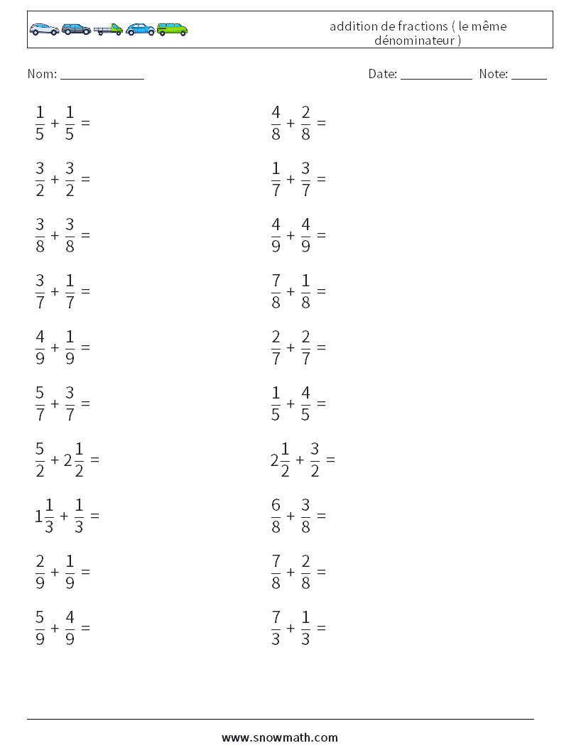 (20) addition de fractions ( le même dénominateur ) Fiches d'Exercices de Mathématiques 14