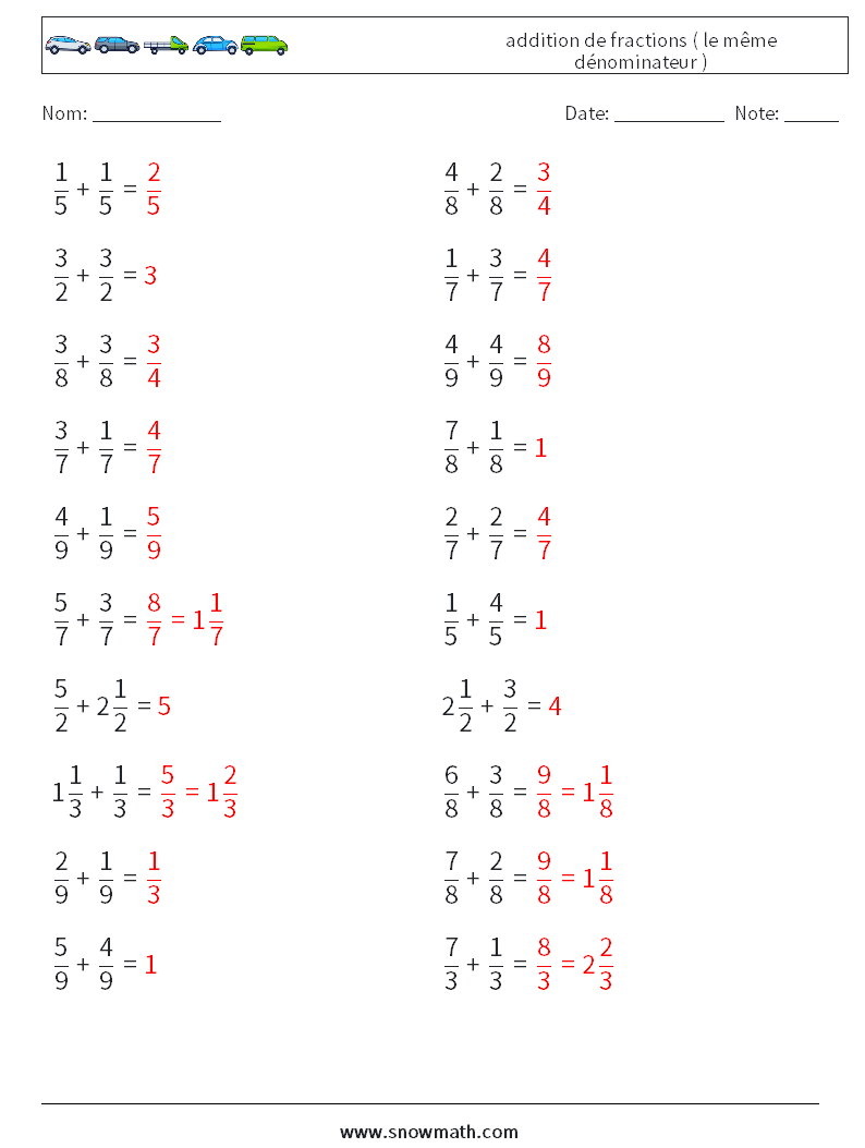 (20) addition de fractions ( le même dénominateur ) Fiches d'Exercices de Mathématiques 14 Question, Réponse