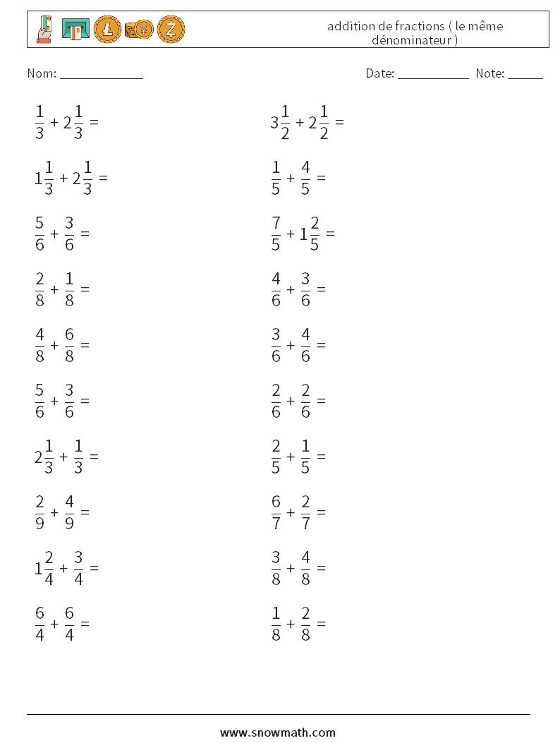 (20) addition de fractions ( le même dénominateur ) Fiches d'Exercices de Mathématiques 15