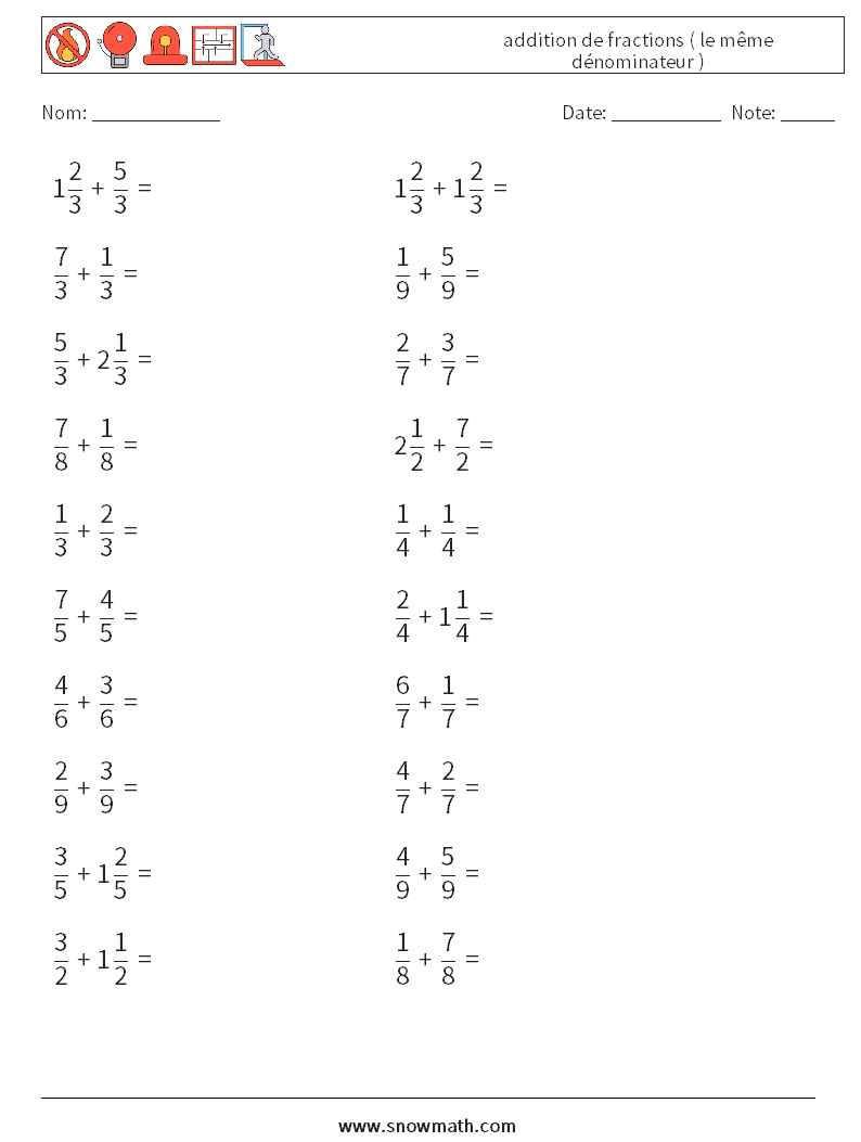 (20) addition de fractions ( le même dénominateur ) Fiches d'Exercices de Mathématiques 16