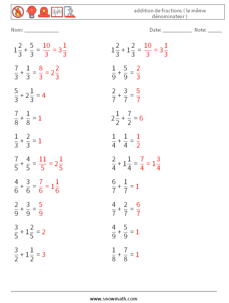 (20) addition de fractions ( le même dénominateur ) Fiches d'Exercices de Mathématiques 16 Question, Réponse