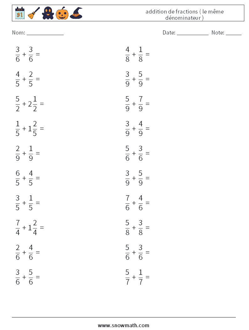 (20) addition de fractions ( le même dénominateur ) Fiches d'Exercices de Mathématiques 17