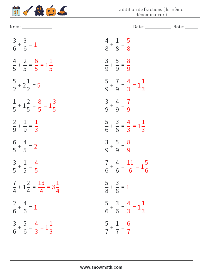 (20) addition de fractions ( le même dénominateur ) Fiches d'Exercices de Mathématiques 17 Question, Réponse