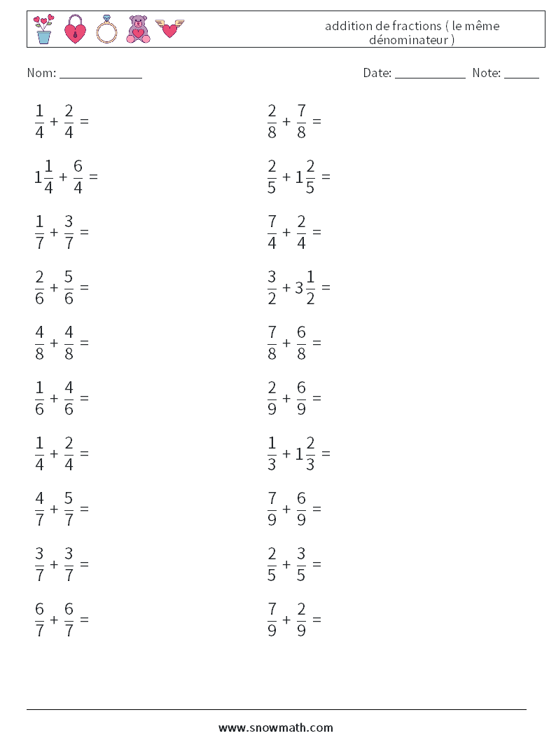 (20) addition de fractions ( le même dénominateur ) Fiches d'Exercices de Mathématiques 18