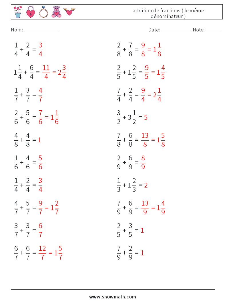 (20) addition de fractions ( le même dénominateur ) Fiches d'Exercices de Mathématiques 18 Question, Réponse