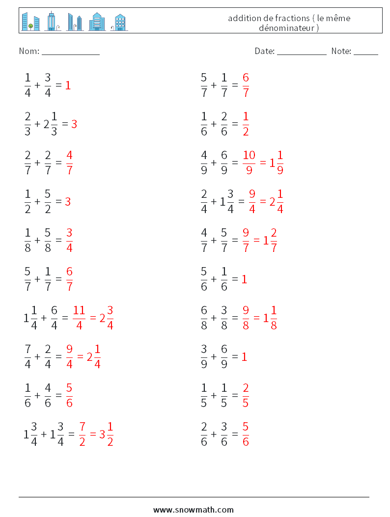 (20) addition de fractions ( le même dénominateur ) Fiches d'Exercices de Mathématiques 1 Question, Réponse