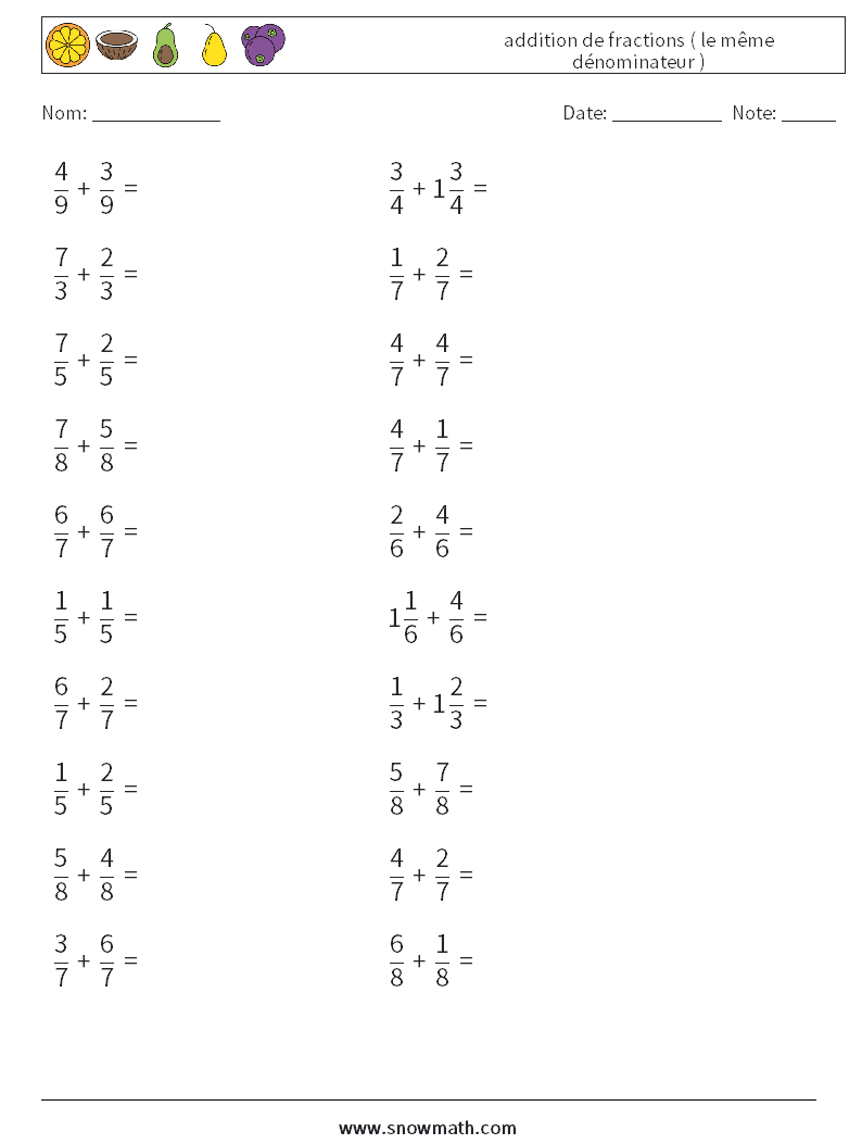(20) addition de fractions ( le même dénominateur ) Fiches d'Exercices de Mathématiques 2