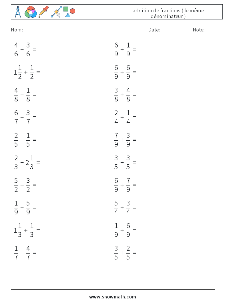 (20) addition de fractions ( le même dénominateur ) Fiches d'Exercices de Mathématiques 3