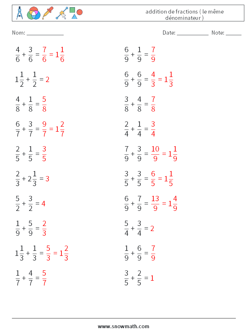 (20) addition de fractions ( le même dénominateur ) Fiches d'Exercices de Mathématiques 3 Question, Réponse