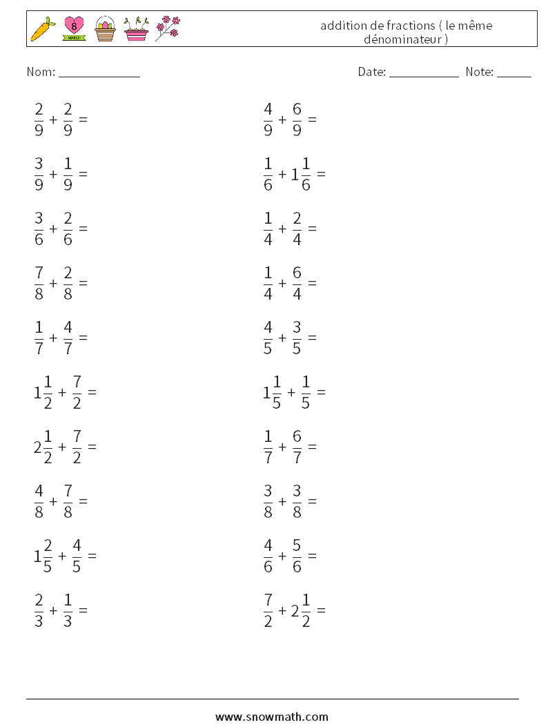 (20) addition de fractions ( le même dénominateur ) Fiches d'Exercices de Mathématiques 4