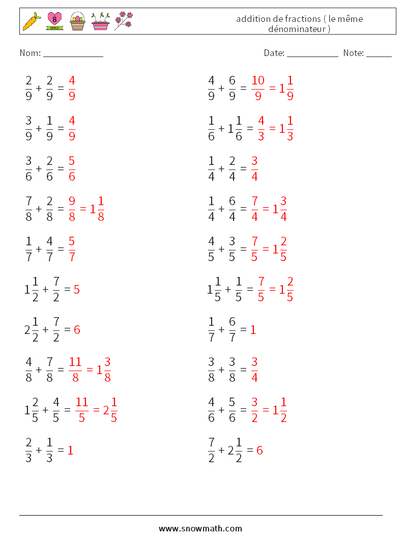 (20) addition de fractions ( le même dénominateur ) Fiches d'Exercices de Mathématiques 4 Question, Réponse