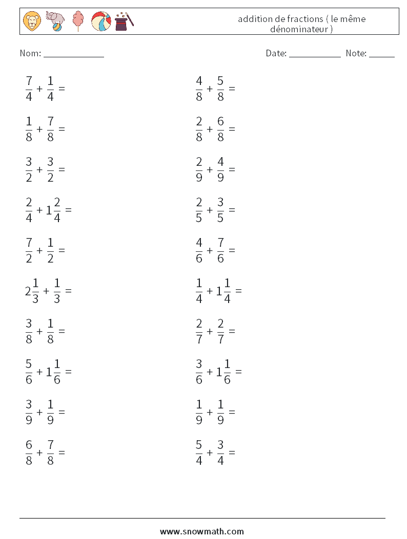 (20) addition de fractions ( le même dénominateur ) Fiches d'Exercices de Mathématiques 5