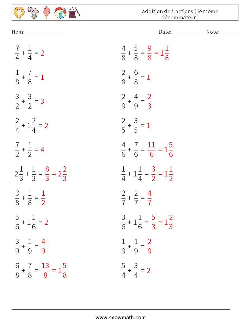 (20) addition de fractions ( le même dénominateur ) Fiches d'Exercices de Mathématiques 5 Question, Réponse