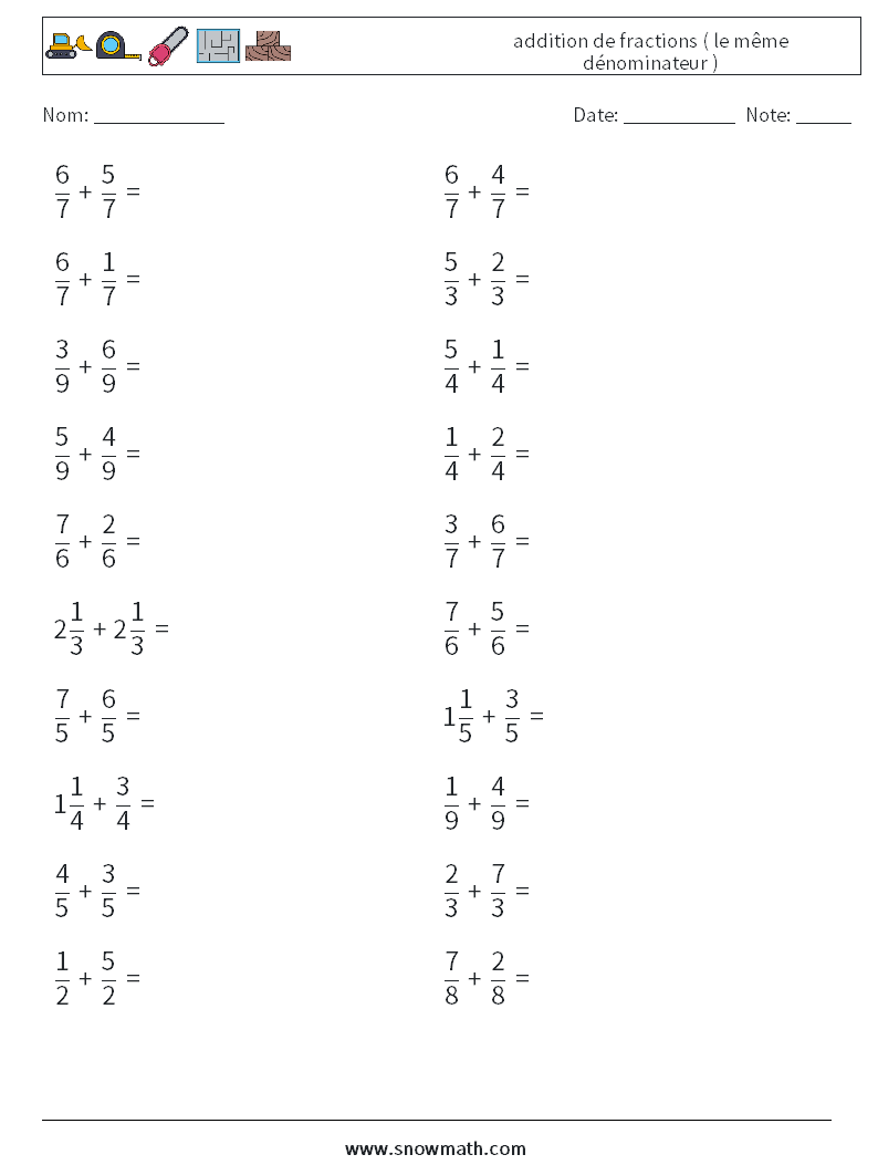 (20) addition de fractions ( le même dénominateur ) Fiches d'Exercices de Mathématiques 6