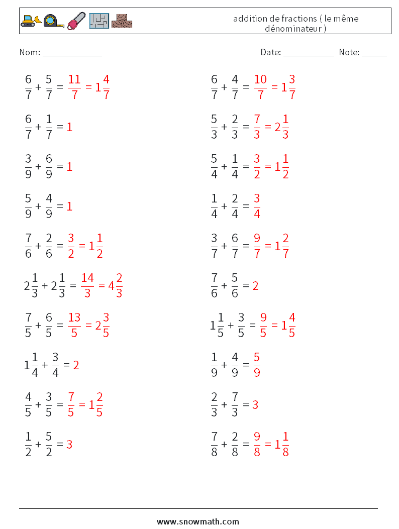 (20) addition de fractions ( le même dénominateur ) Fiches d'Exercices de Mathématiques 6 Question, Réponse
