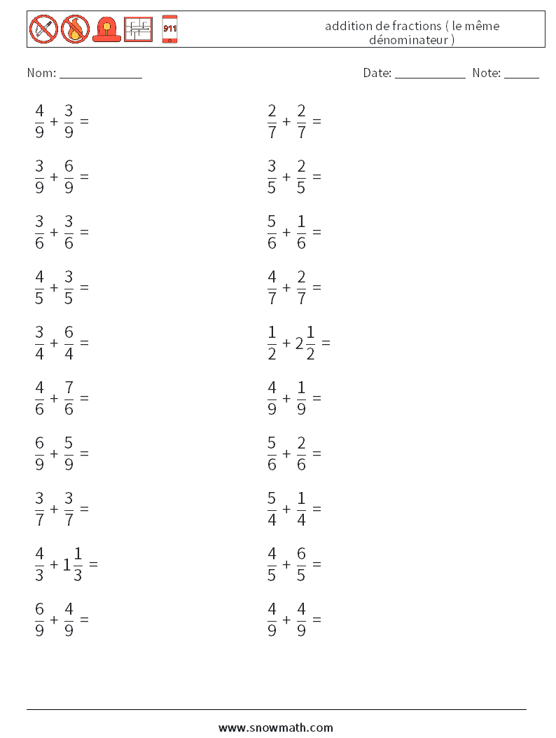 (20) addition de fractions ( le même dénominateur ) Fiches d'Exercices de Mathématiques 7