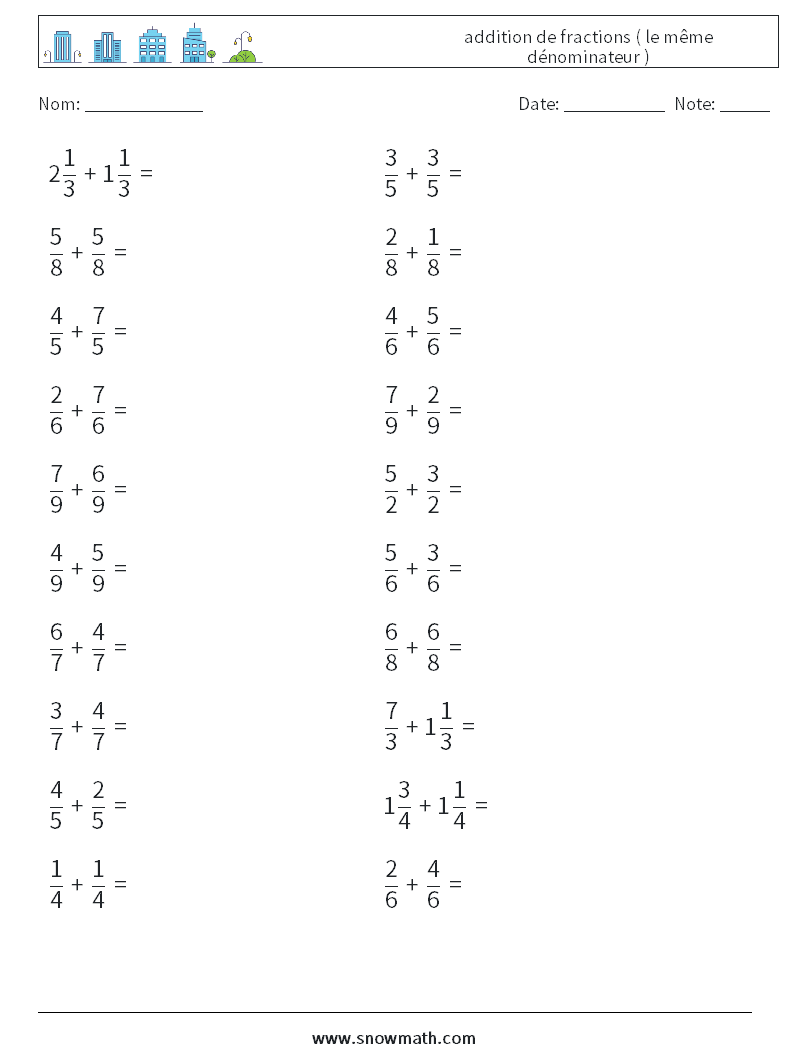 (20) addition de fractions ( le même dénominateur ) Fiches d'Exercices de Mathématiques 8