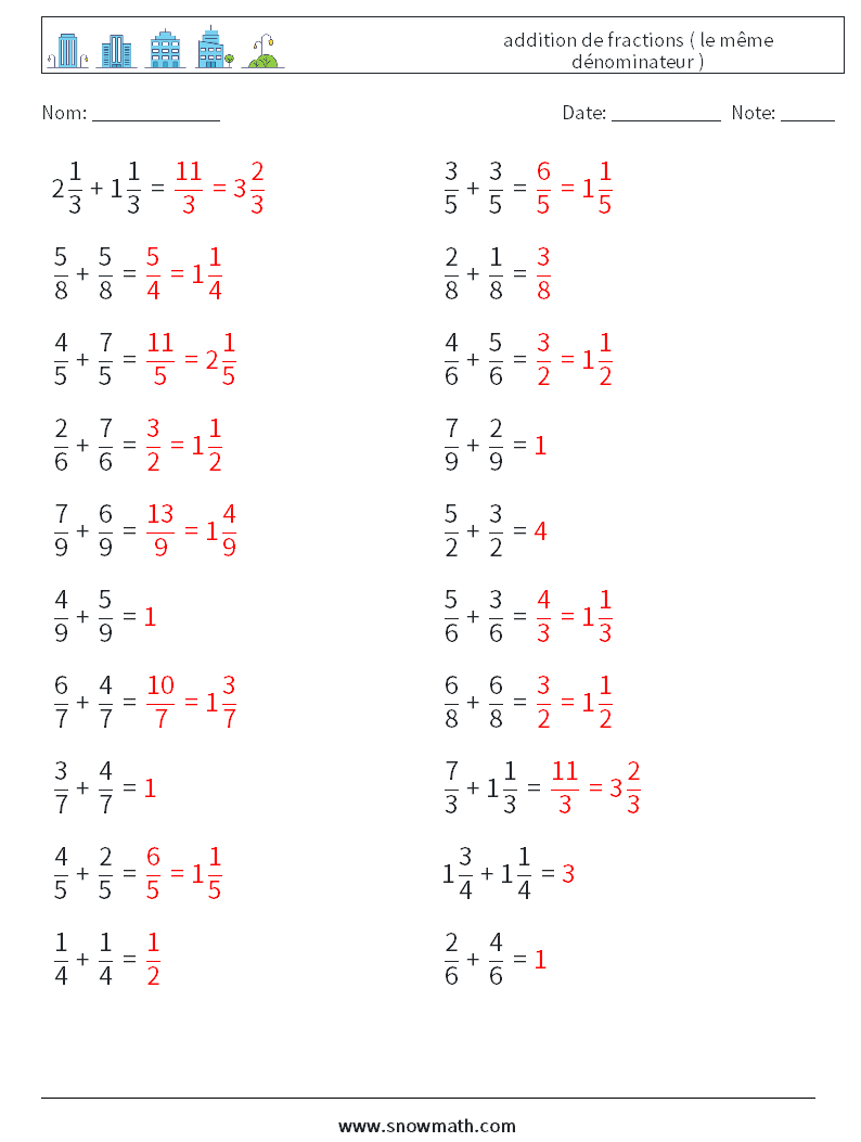 (20) addition de fractions ( le même dénominateur ) Fiches d'Exercices de Mathématiques 8 Question, Réponse