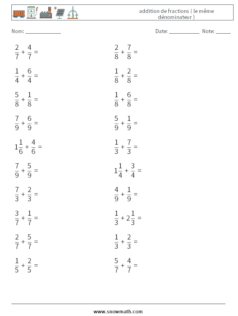 (20) addition de fractions ( le même dénominateur ) Fiches d'Exercices de Mathématiques 9