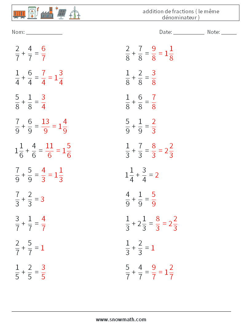 (20) addition de fractions ( le même dénominateur ) Fiches d'Exercices de Mathématiques 9 Question, Réponse