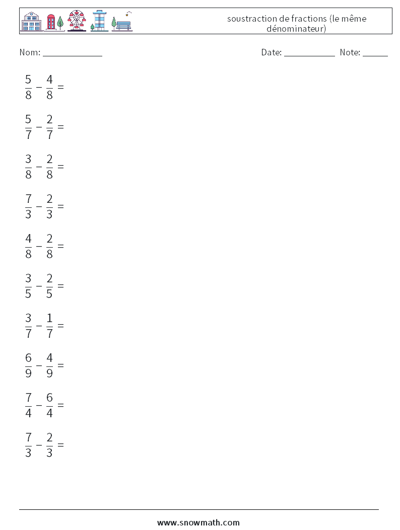 (10) soustraction de fractions (le même dénominateur) Fiches d'Exercices de Mathématiques 1