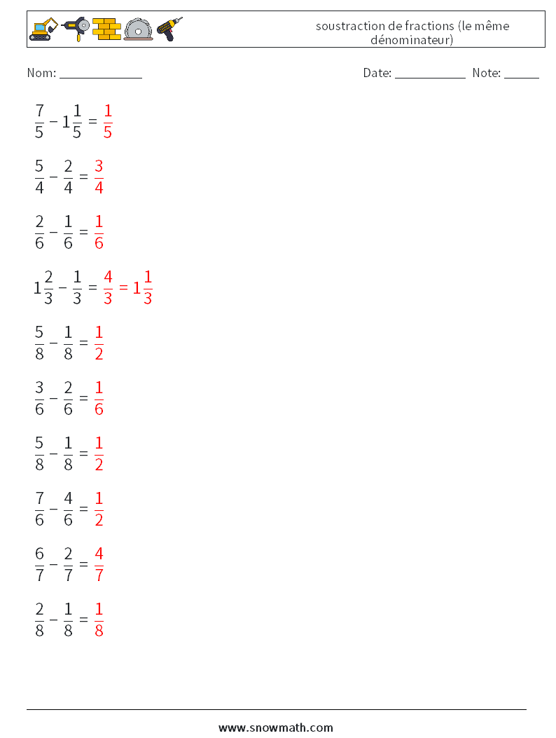 (10) soustraction de fractions (le même dénominateur) Fiches d'Exercices de Mathématiques 10 Question, Réponse