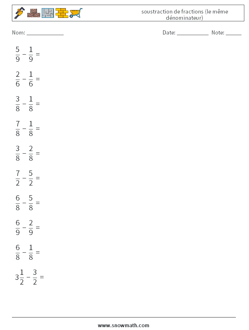 (10) soustraction de fractions (le même dénominateur) Fiches d'Exercices de Mathématiques 13