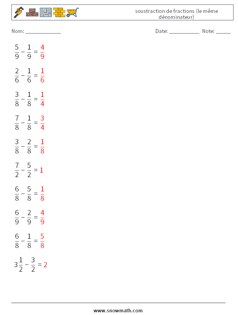 (10) soustraction de fractions (le même dénominateur) Fiches d'Exercices de Mathématiques 13 Question, Réponse