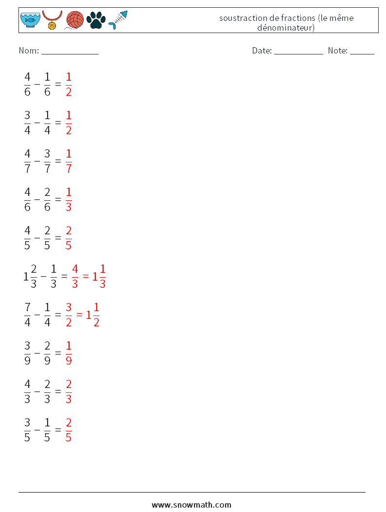 (10) soustraction de fractions (le même dénominateur) Fiches d'Exercices de Mathématiques 14 Question, Réponse