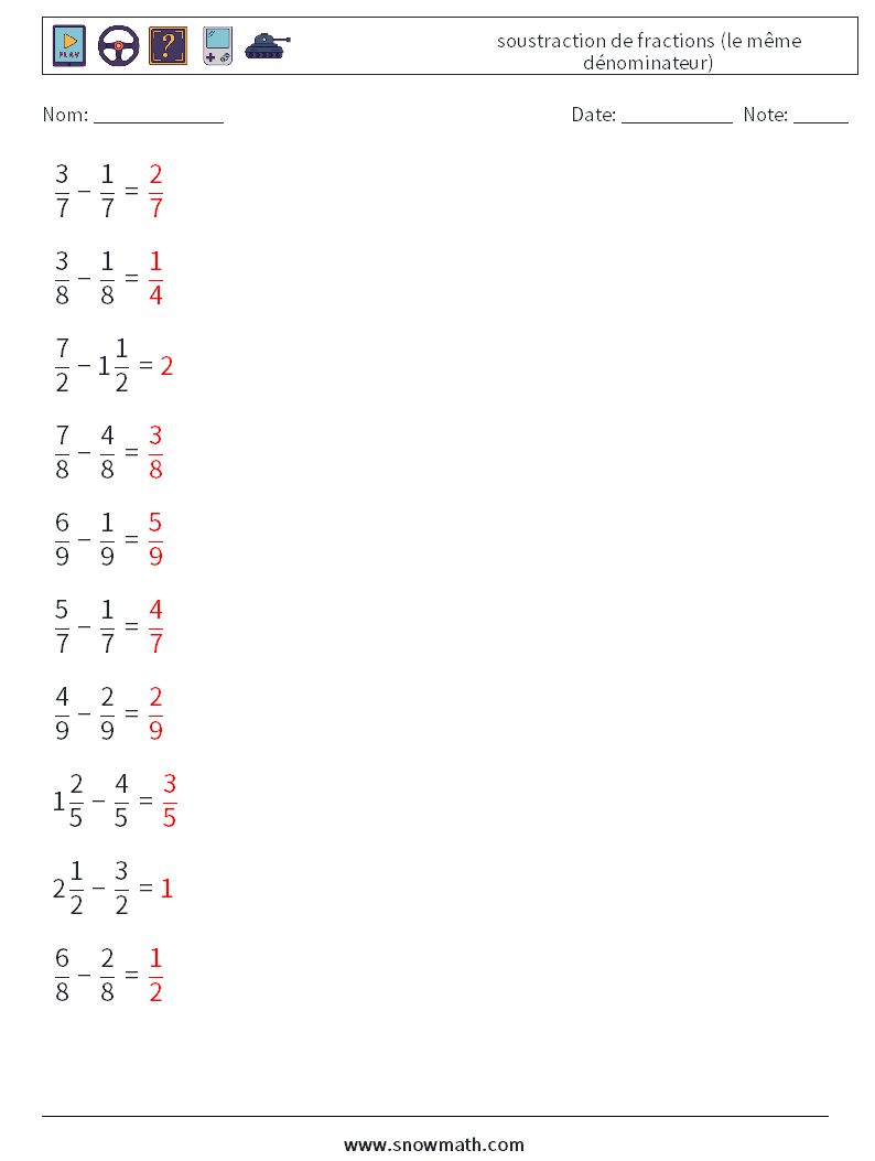 (10) soustraction de fractions (le même dénominateur) Fiches d'Exercices de Mathématiques 15 Question, Réponse