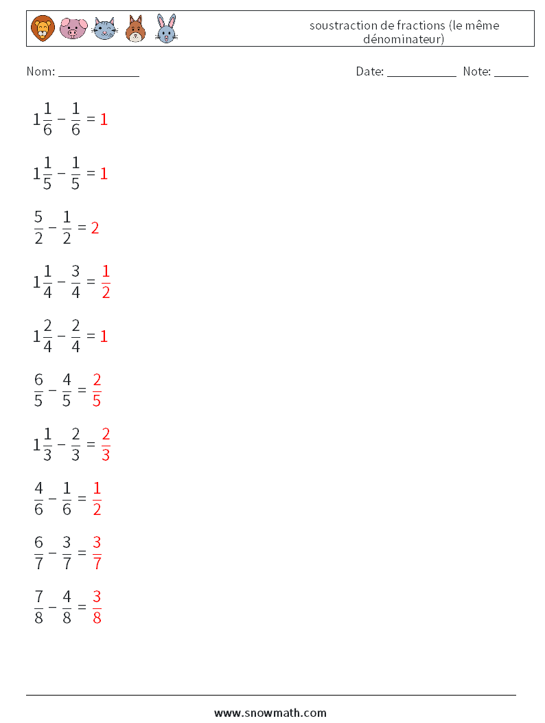 (10) soustraction de fractions (le même dénominateur) Fiches d'Exercices de Mathématiques 18 Question, Réponse