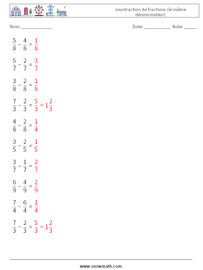 (10) soustraction de fractions (le même dénominateur) Fiches d'Exercices de Mathématiques 1 Question, Réponse