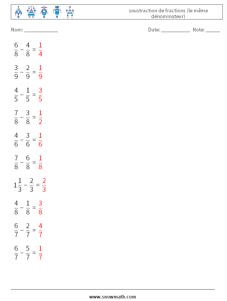 (10) soustraction de fractions (le même dénominateur) Fiches d'Exercices de Mathématiques 2 Question, Réponse