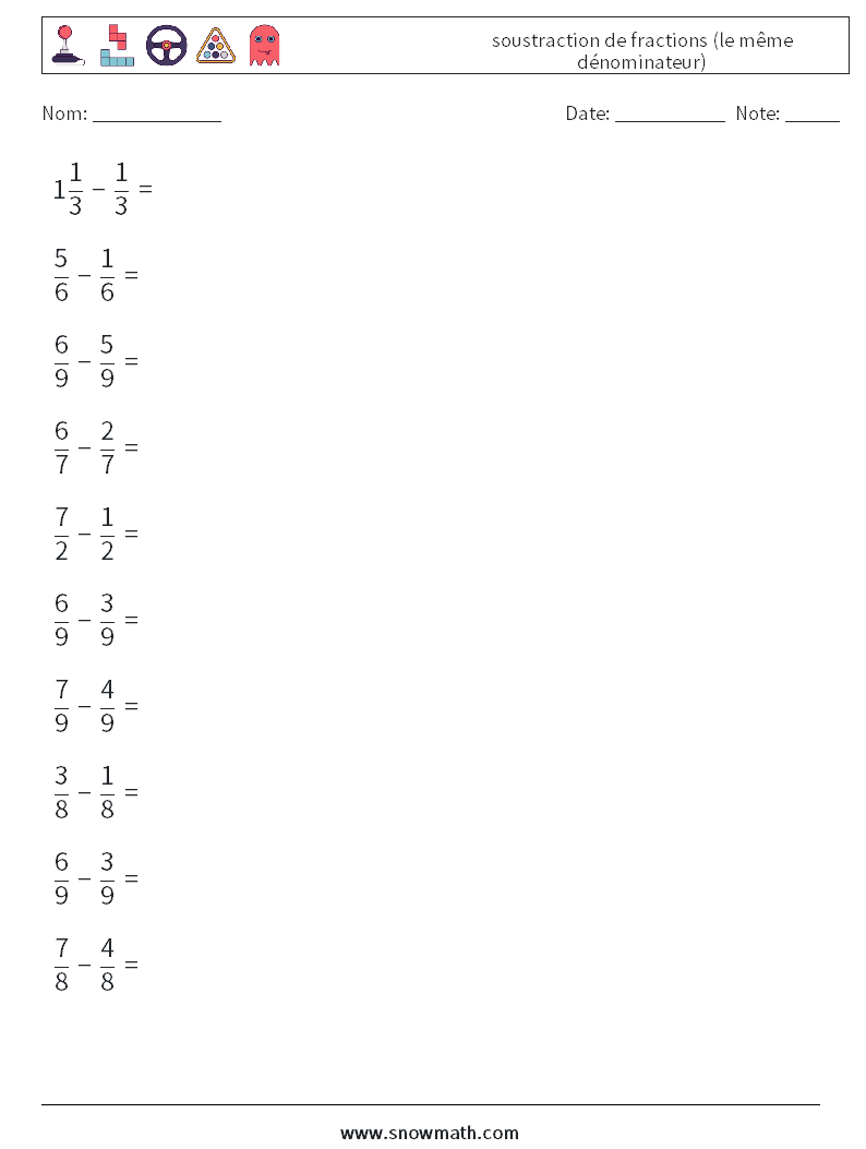 (10) soustraction de fractions (le même dénominateur) Fiches d'Exercices de Mathématiques 3