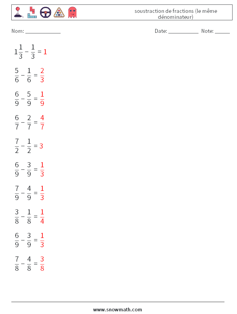 (10) soustraction de fractions (le même dénominateur) Fiches d'Exercices de Mathématiques 3 Question, Réponse