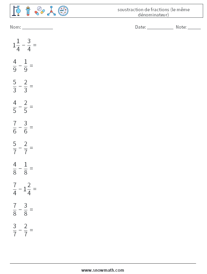 (10) soustraction de fractions (le même dénominateur) Fiches d'Exercices de Mathématiques 5