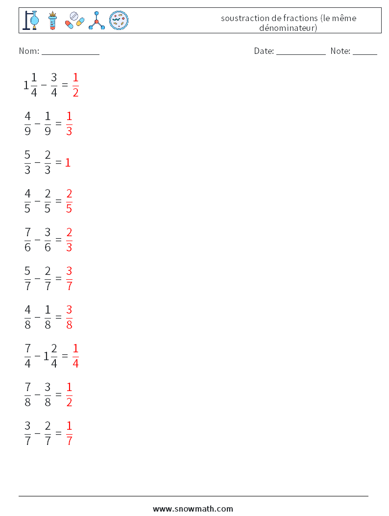 (10) soustraction de fractions (le même dénominateur) Fiches d'Exercices de Mathématiques 5 Question, Réponse