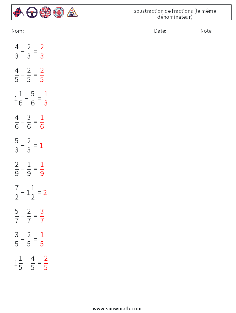 (10) soustraction de fractions (le même dénominateur) Fiches d'Exercices de Mathématiques 6 Question, Réponse