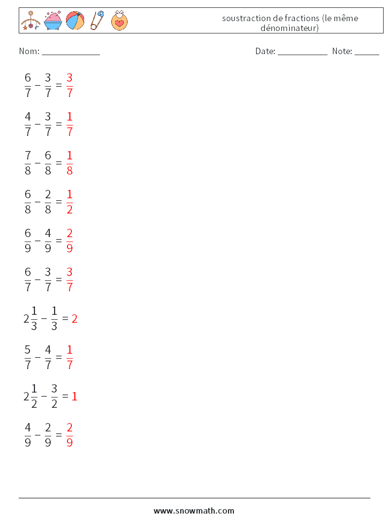 (10) soustraction de fractions (le même dénominateur) Fiches d'Exercices de Mathématiques 7 Question, Réponse