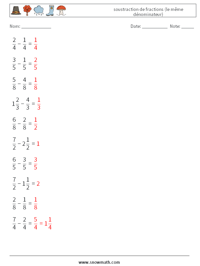 (10) soustraction de fractions (le même dénominateur) Fiches d'Exercices de Mathématiques 8 Question, Réponse