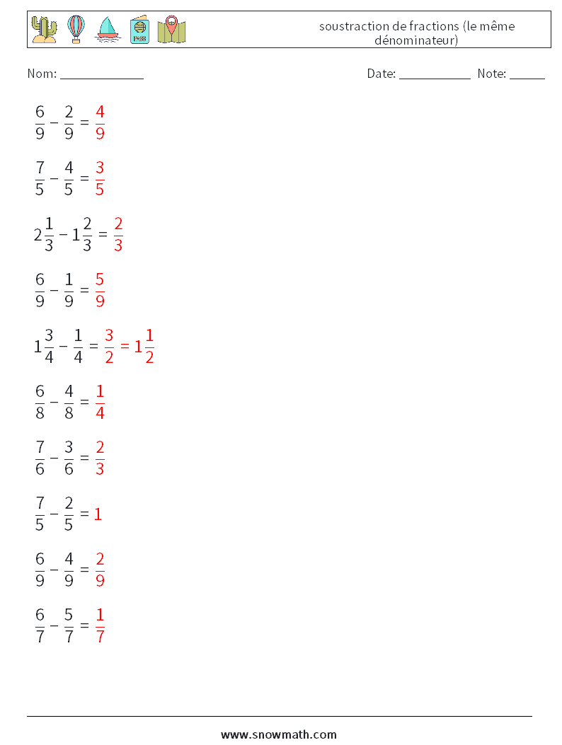 (10) soustraction de fractions (le même dénominateur) Fiches d'Exercices de Mathématiques 9 Question, Réponse