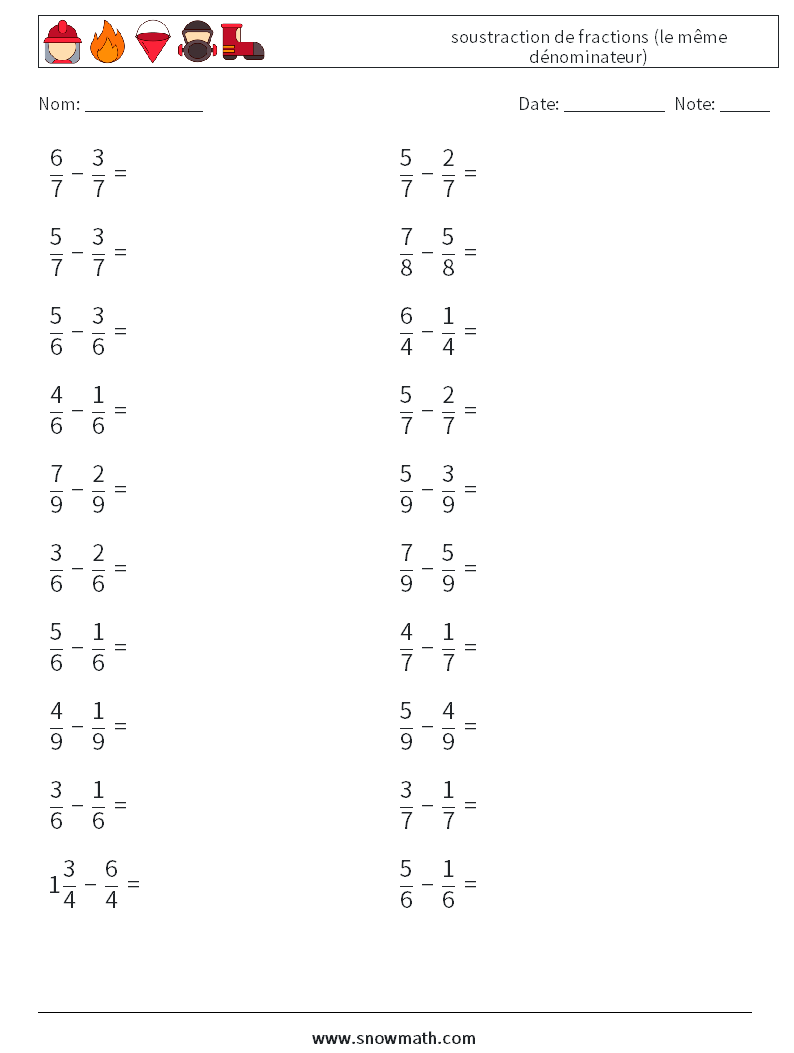 (20) soustraction de fractions (le même dénominateur) Fiches d'Exercices de Mathématiques 1