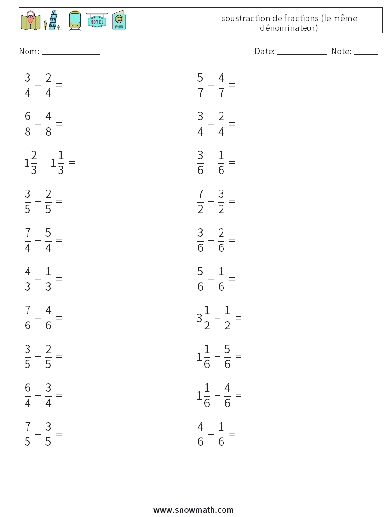 (20) soustraction de fractions (le même dénominateur) Fiches d'Exercices de Mathématiques 2