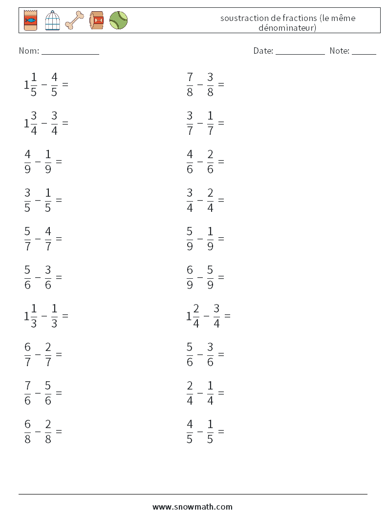 (20) soustraction de fractions (le même dénominateur) Fiches d'Exercices de Mathématiques 3
