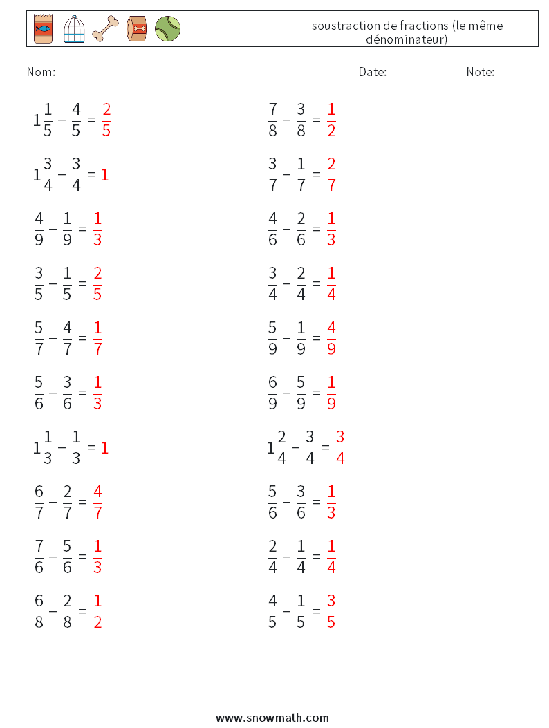 (20) soustraction de fractions (le même dénominateur) Fiches d'Exercices de Mathématiques 3 Question, Réponse