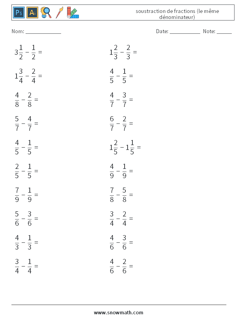 (20) soustraction de fractions (le même dénominateur) Fiches d'Exercices de Mathématiques 5