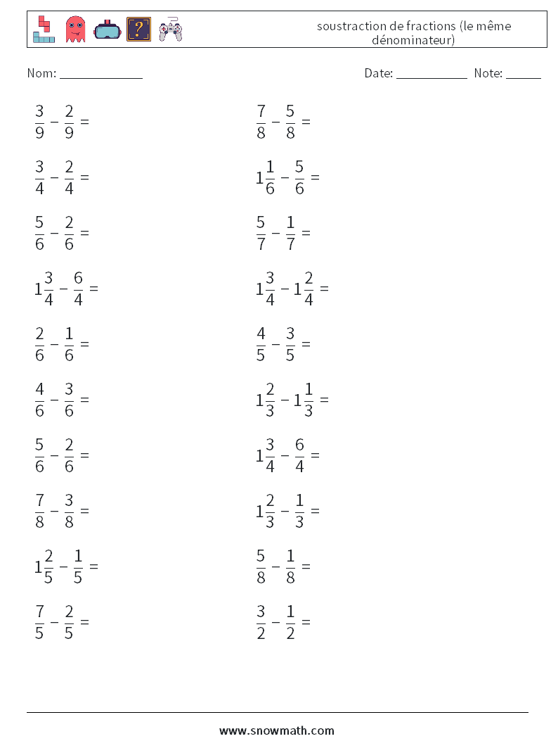 (20) soustraction de fractions (le même dénominateur) Fiches d'Exercices de Mathématiques 7