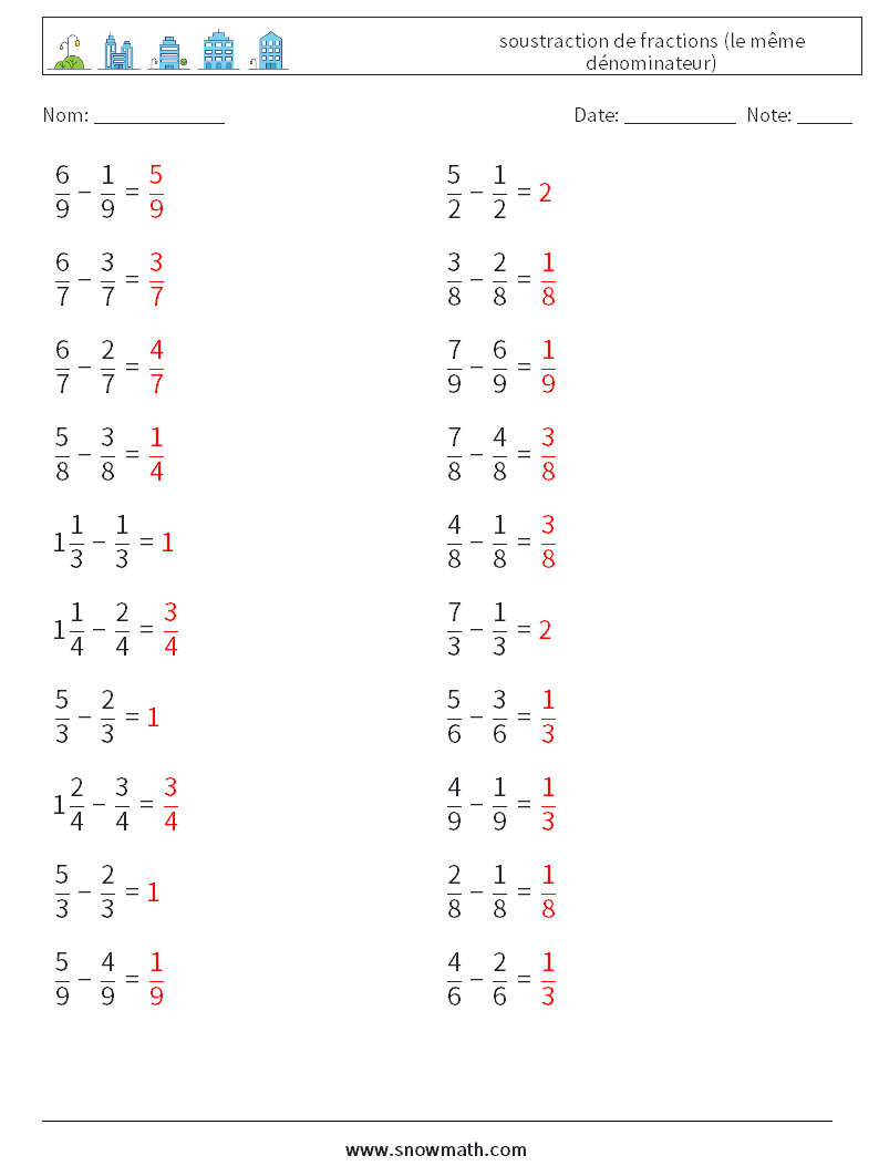 (20) soustraction de fractions (le même dénominateur) Fiches d'Exercices de Mathématiques 8 Question, Réponse